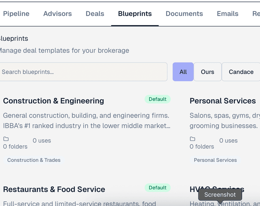 Screenshot of CandaceAI deal templates with required steps and permission groups.