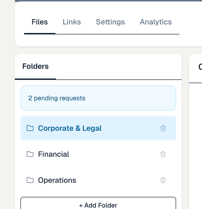Screenshot of a structured deal room organizing document requests, checklists, and deadlines.