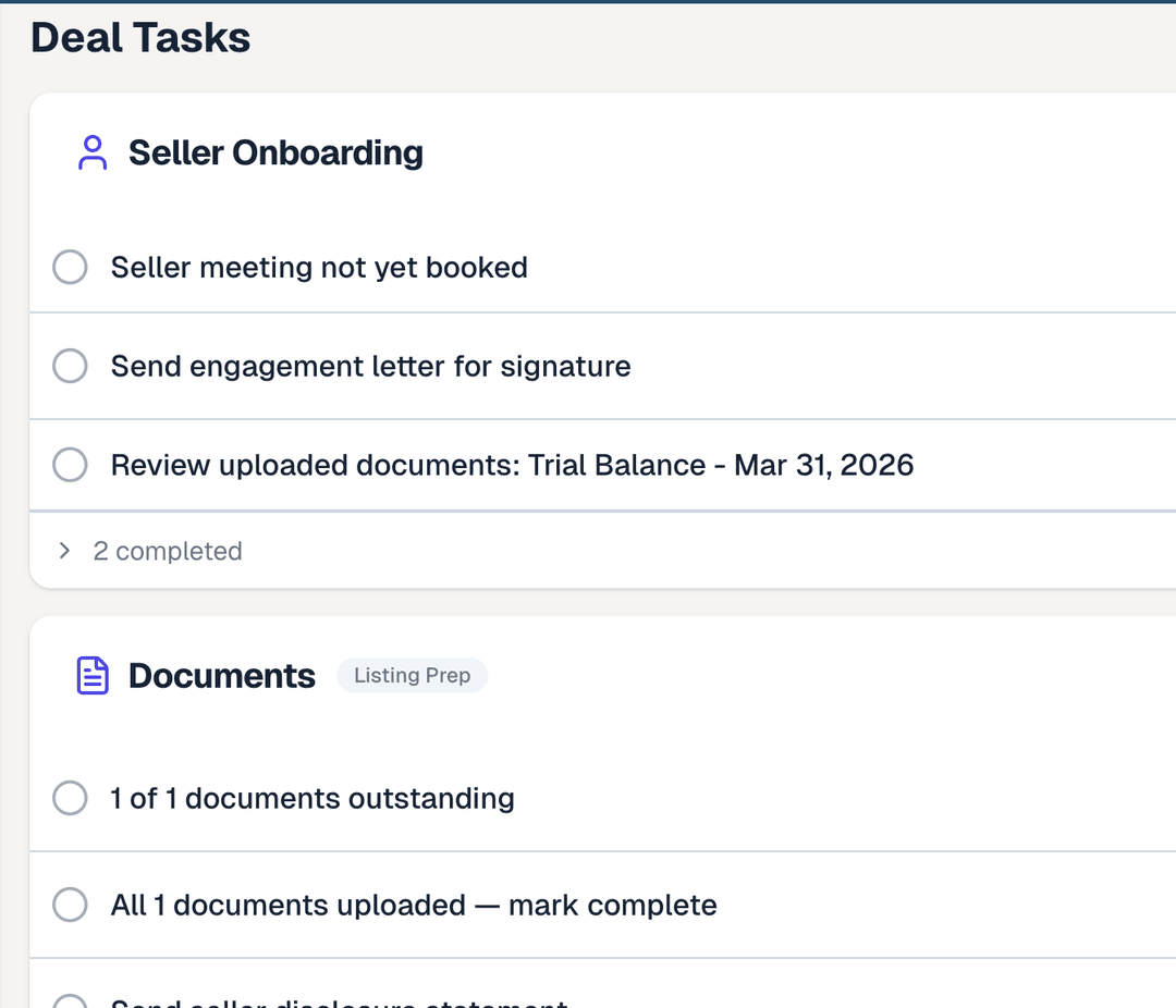 Screenshot of the Candace deal dashboard showing tasks, documents, and seller onboarding.