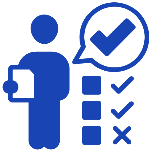 A blue icon depicting a person holding a document with checkmarks and a speech bubble indicating approval.