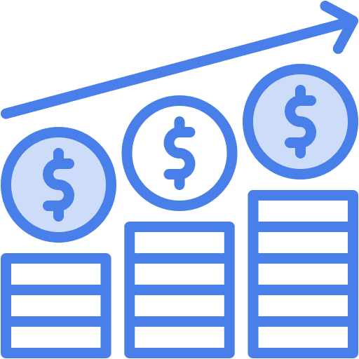 Three coins with dollar signs and ascending bar graphs, illustrating financial growth and success.