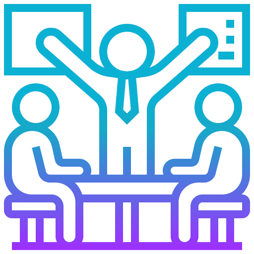 Illustration of a business meeting with one presenter gesturing, seated attendees, and presentation boards.