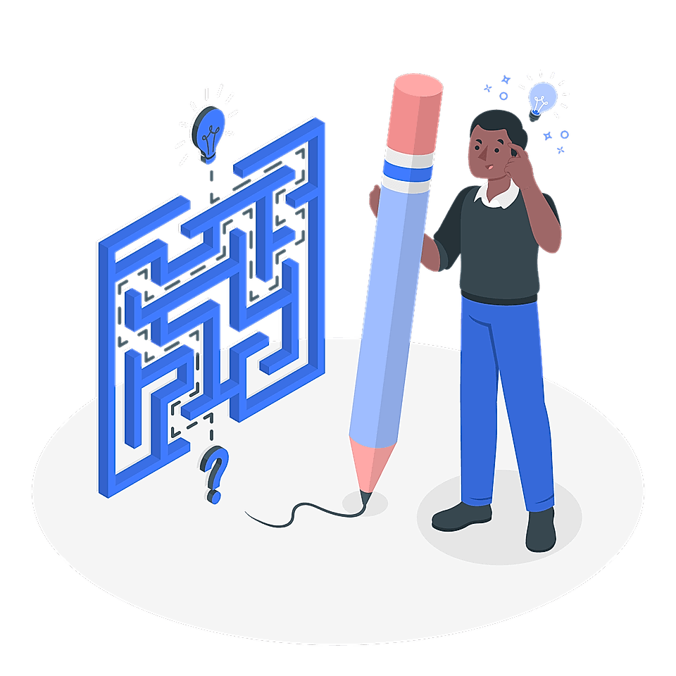 Illustration of a person pondering a maze while holding a large pencil, with lightbulbs symbolizing ideas above.