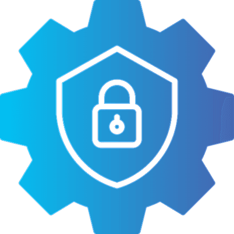 Blue gear icon with a shield and a padlock, symbolizing security and protection in technology.