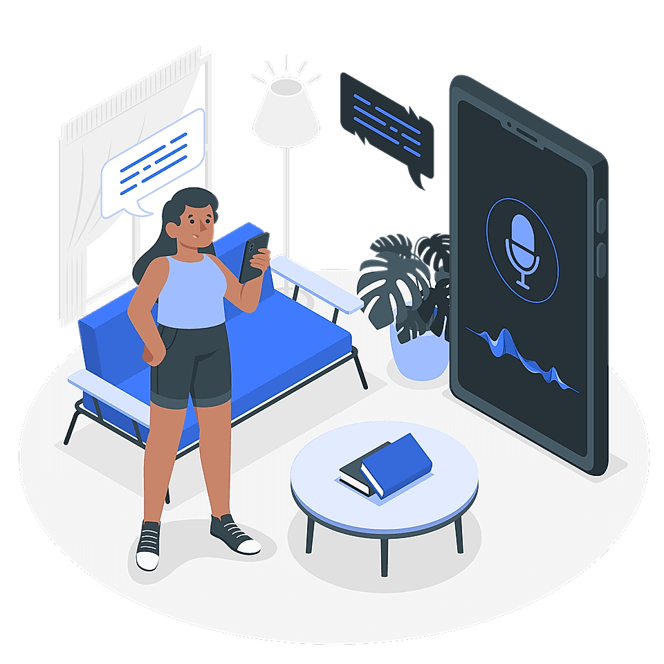 Illustration of a person in a living room using a smartphone, with a large device displaying a voice interface.