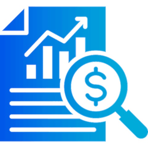 An illustration of a document with a graph and magnifying glass, featuring a dollar sign, representing financial analysis.