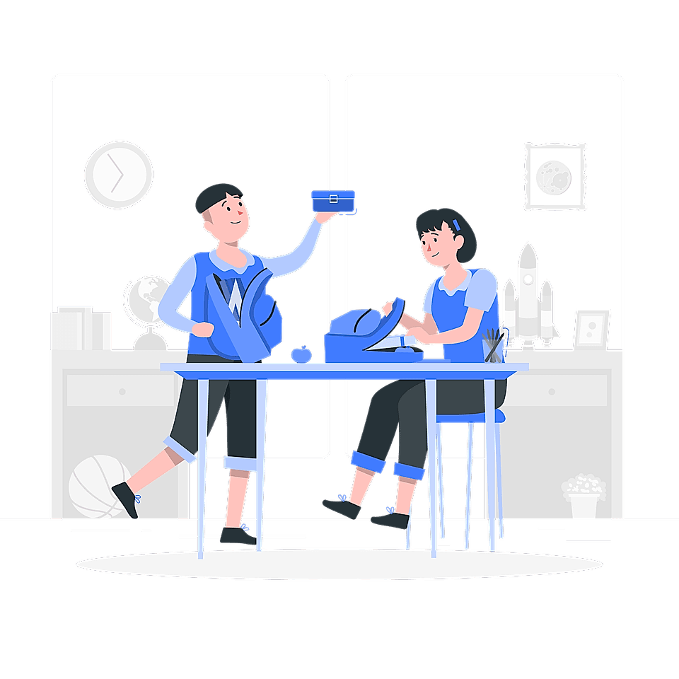 Two children in casual clothing are at a table, unpacking bags with a globe and rocket model in the background.