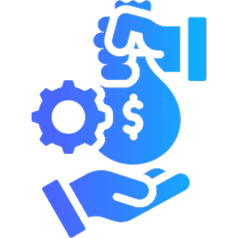 Illustration of two hands exchanging a money bag symbolizing financial transactions, with a gear icon nearby.