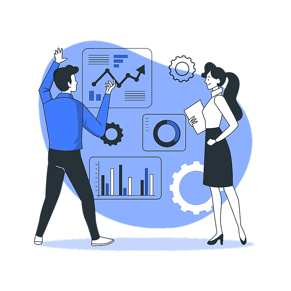 A man discussing data visuals with a woman, featuring charts and graphs on a blue background.