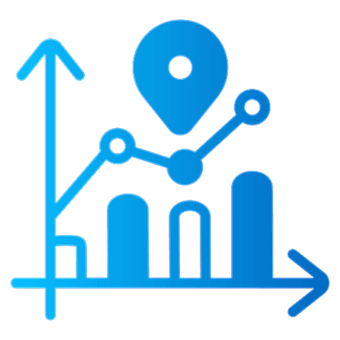 Icon depicting a data graph with bars, a location pin, and upward trend lines in blue tones.