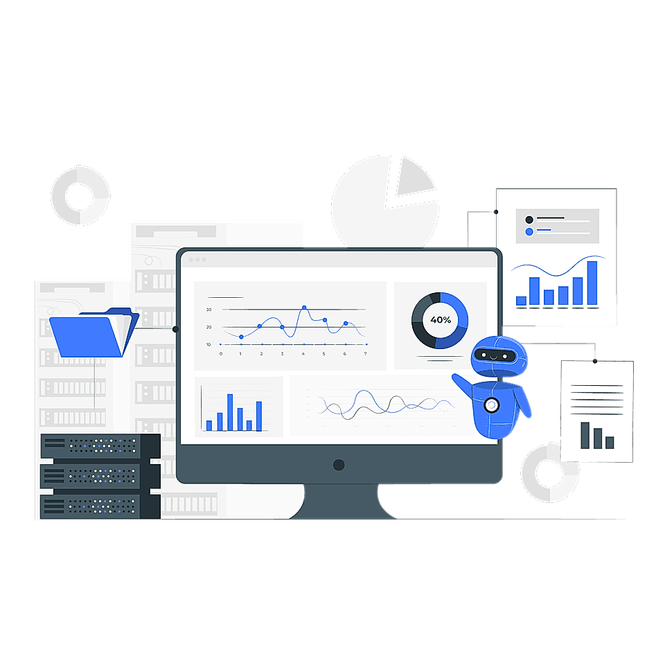 Illustration of a computer displaying analytics and graphs, surrounded by folders, charts, and a chatbot character.