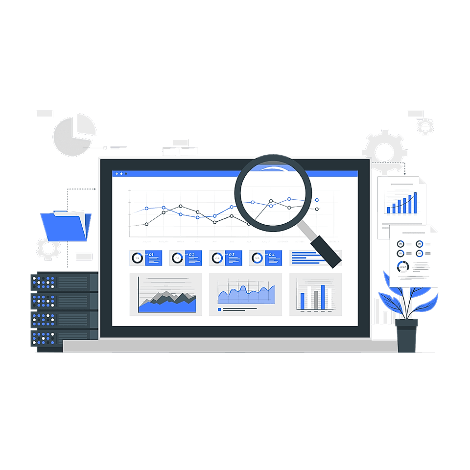 Illustration of a laptop displaying data analytics graphs, charts, and statistics, surrounded by icons and documents.