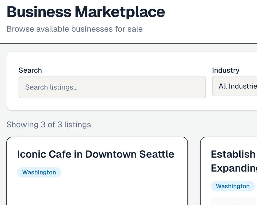Screenshot of the CandaceAI marketplace showing business listings with financials and industry details.
