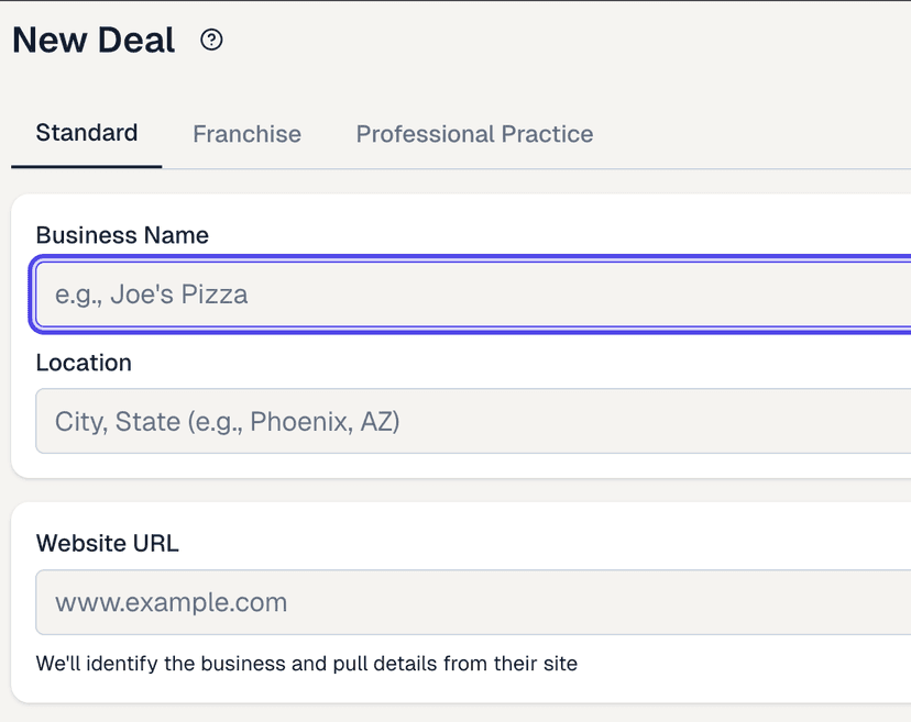 Screenshot of the CandaceAI new deal intake flow with standardized templates and deal stages.
