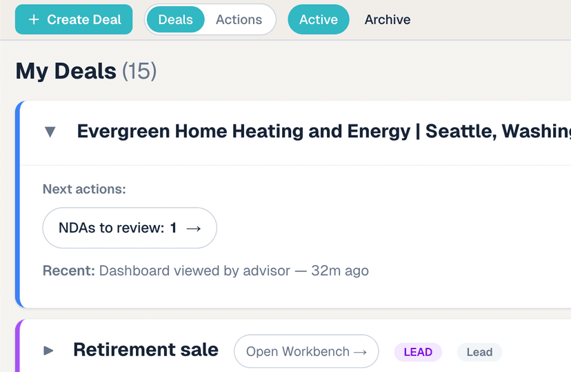 Screenshot of the CandaceAI deal overview surfacing missing documents, unsigned NDAs, and overdue tasks.