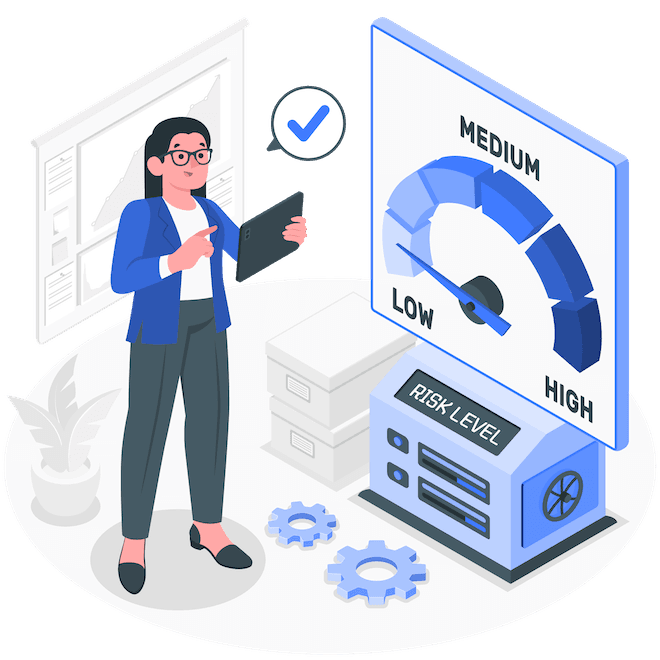 A business professional using a tablet near a risk level gauge, indicating medium risk, with storage boxes and gears.