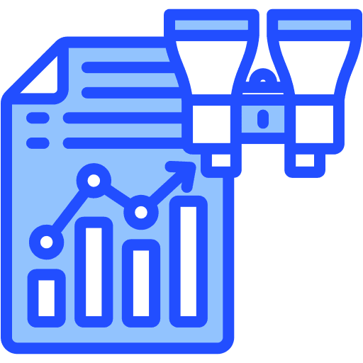 An infographic showing a document with a graph and binoculars, symbolizing data analysis and insights.