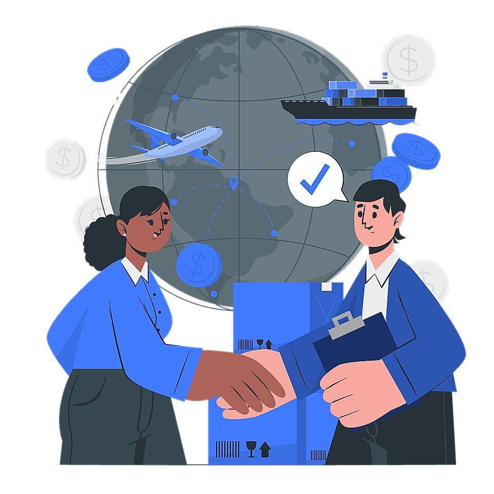 Two professionals shaking hands in front of a globe, with icons of airplanes, ships, and dollar signs representing global trade.