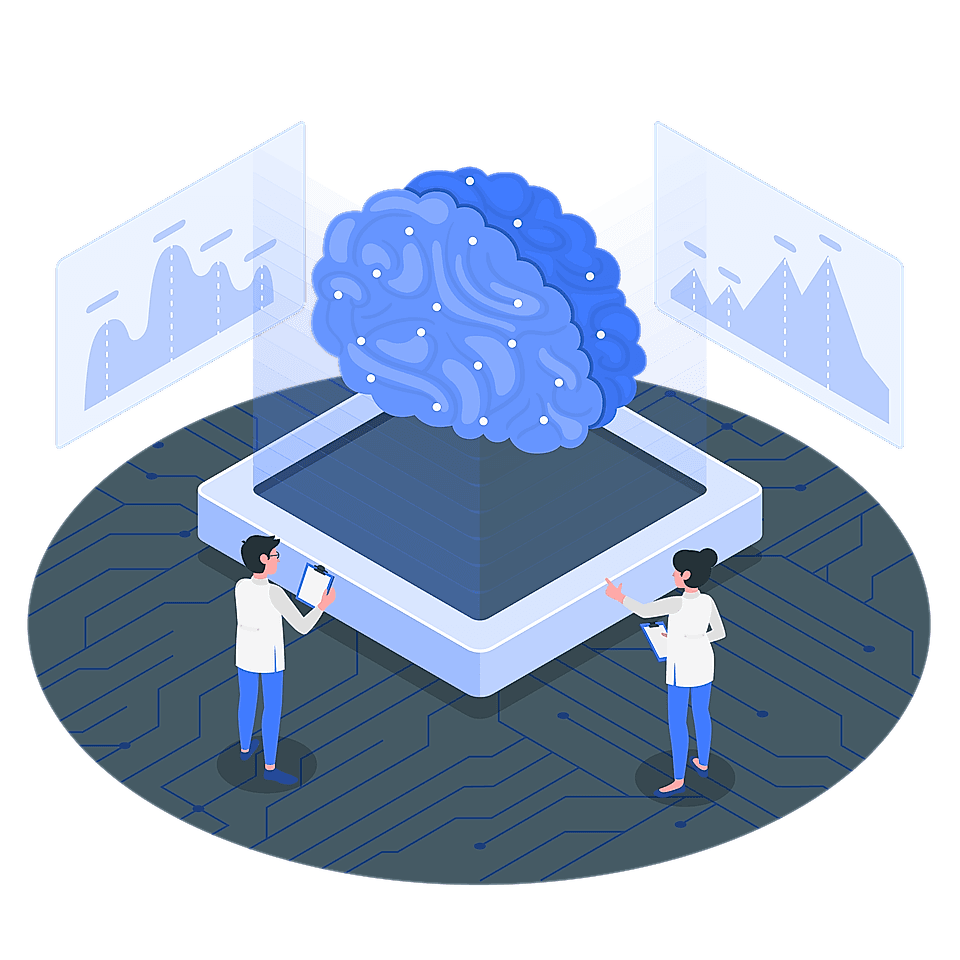 Illustration of two scientists analyzing a blue brain model with data charts on screens in a tech environment.