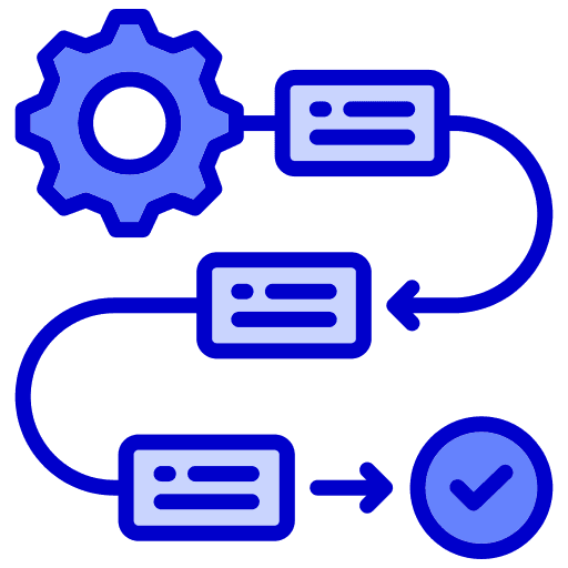 An illustrated workflow diagram featuring a gear, process steps, and a checkmark, indicating a systematic approach.