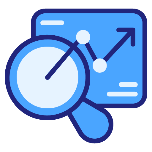 A magnifying glass over a blue graph with upward trends, symbolizing data analysis and insights.