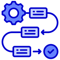 Flowchart illustration depicting automated processes with a gear, boxes, arrows, and a checkmark.