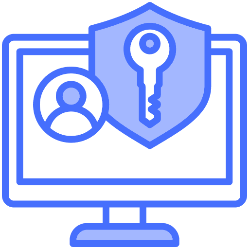 Computer screen displaying a user icon and a shield with a key, symbolizing online security and user protection.